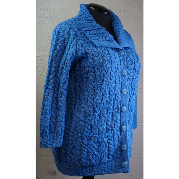 Aran Craft Blue Wool Button Front Cardigan Sweater w/ Pockets New Size L - Picture 5 of 11